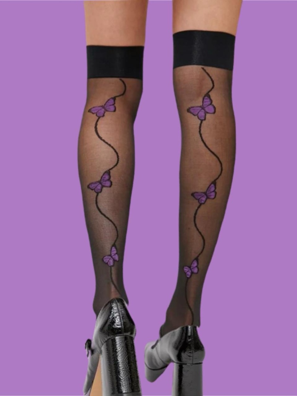 Urban Outfitters Black Sheer Thigh-Highs with Purple Butterfly Detail